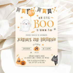 May include: Orange and black Halloween birthday invitation with a ghost, a black cat, and pumpkins. The text reads "Our Little Boo is turning two!" and "Jordan's 2nd Birthday!"  The invitation includes the date, time, and location of the party.