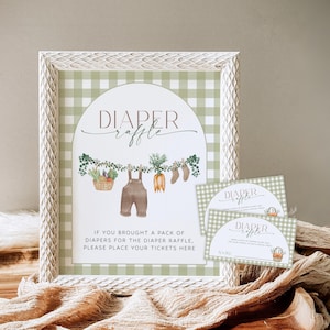 Loteria pieluch na Baby Shower z lokalnych upraw, Znak loterii pieluch na Baby Shower z targu rolników, Bilety na loterię pieluch w kratkę gingham do wydrukowania, Hodowane w domu