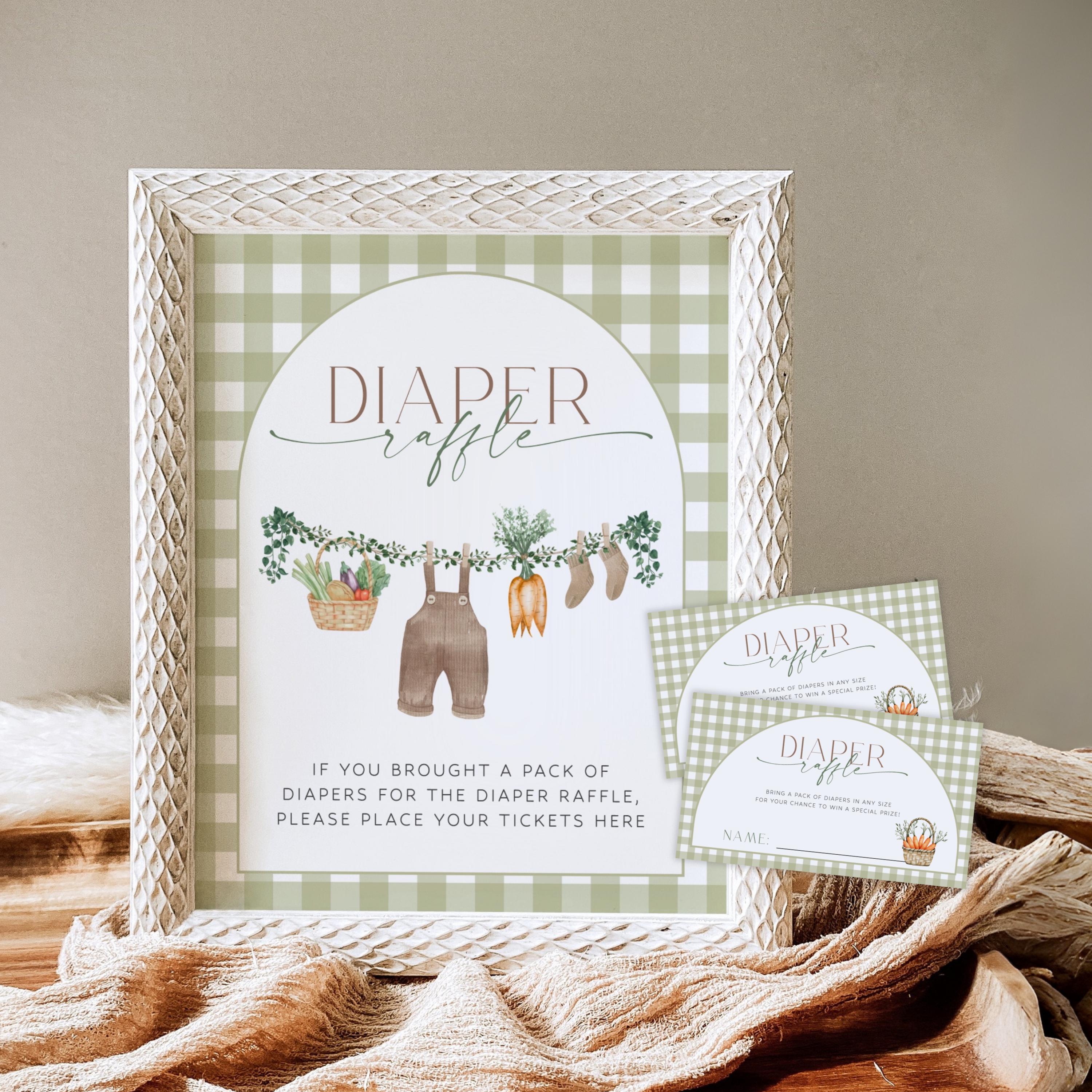 Locally Grown Baby Shower Diaper Raffle, Farmers Market Baby Shower Diaper Raffle Sign, Gingham Diaper Raffle Tickets Printable, Home Grown