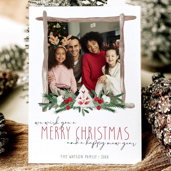 Christmas Card Template, Photo Christmas Card Printable, Editable Rustic Holiday Card, Farmhouse Merry Christmas Note Card, Instant Download