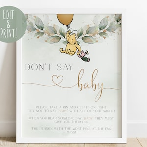 Classic Winnie The Pooh Baby Shower Don&#39;t Say Baby Sign, Printable Winnie The Pooh Table Signage, Pooh Bear Baby Shower Games, 8x10 Download