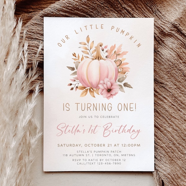 Our Little Pumpkin is Turning One Invitation, Pumpkin 1st Birthday Invitation Template, Girl 1st Birthday Invite, Fall Pumpkin Florals Evite