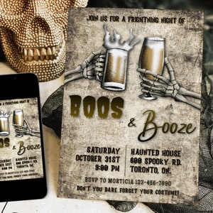 Boos & Booze Halloween Party Invitation Template, Editable Adult Halloween Invite, Skeleton Halloween Party Evite, Spooky Digital Download