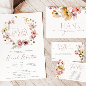 Peut inclure: Un ensemble d'invitations de f&ecirc;te pr&eacute;natale sur le th&egrave;me floral. Les invitations sont imprim&eacute;es sur du papier cartonn&eacute; blanc avec des fleurs d'aquarelle roses et jaunes. Le texte sur les invitations indique "Baby in Bloom" et comprend le nom "Hannah Robertson", la date et l'heure de la f&ecirc;te pr&eacute;natale, ainsi que le lieu. Les invitations comprennent &eacute;galement une carte de remerciement et deux cartes pour une tombola de couches et une demande de livres.