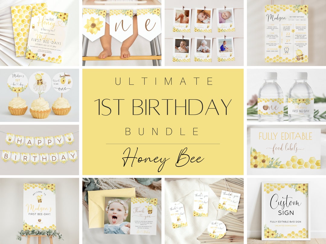 1st Bee Day Invitation Bundle, Large Bee 1st Birthday Bundle ...