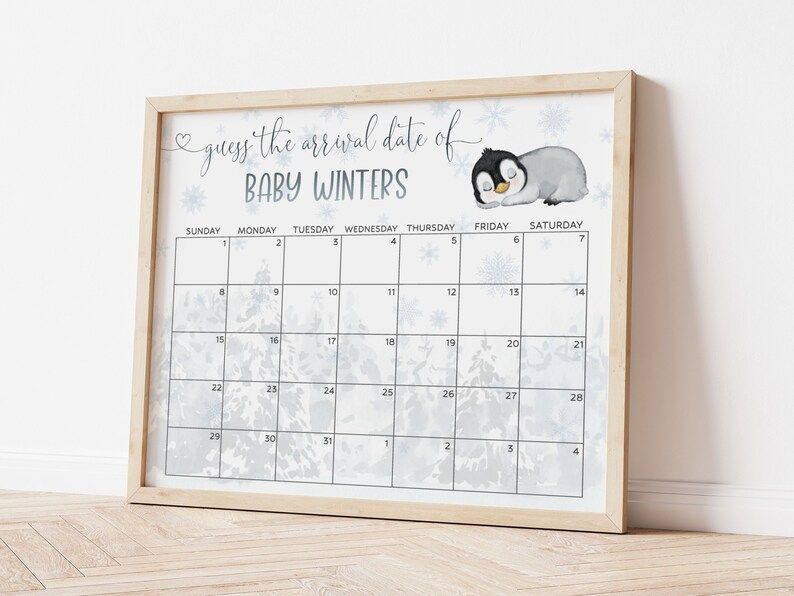 K&ouml;nnte beinhalten: Ein druckbares Babyparty-Spiel mit Winterthema. Das Spiel ist ein Kalender mit einer Pinguin-Illustration und dem Text "Erraten Sie das Ankunftsdatum von Baby Winters".