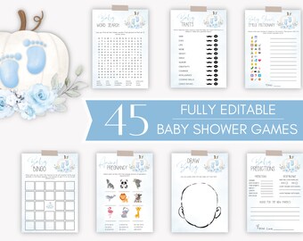Pumpkin Baby Shower Games Bundle, Fall Baby Shower Game Template, Boy Blue Pumpkin Baby Shower Game Pack, Baby Shower Activity Set Download