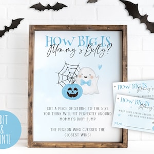 May include: Printable Halloween baby shower game cards with a blue and white ghost and pumpkin design. The cards say "How Big Is Mommy's Belly?" and have instructions for guests to guess the size of the mom-to-be's belly by wrapping a string around the card.