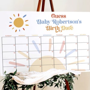 Aquí viene el cartel de la fecha de parto para el baby shower del hijo, calendario de la fecha de parto para el baby shower del sol, letrero de llegada del bebé niño estilo boho, predicciones para el bebé