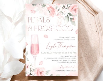 Petals and Prosecco Bridal Shower Invitation, Pink Bridal Brunch Invite, Brunch and Bubbly Invitation, Editable Floral Bridal Shower Evite