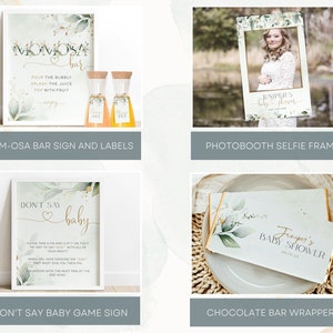 May include: A set of printable baby shower decorations featuring a green and gold color scheme with a leafy design. The set includes a sign for a mimosa bar, a photo booth selfie frame, a don't say baby game sign, and a chocolate bar wrapper.
