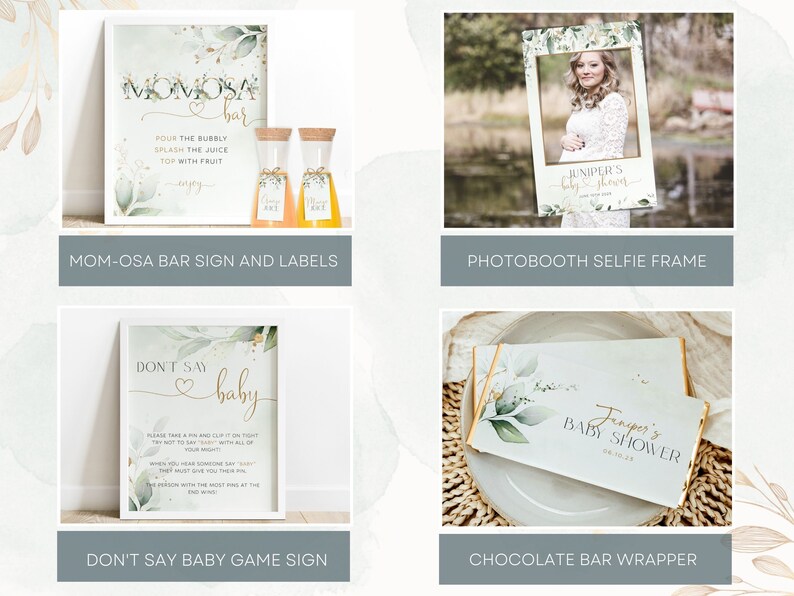 May include: A set of printable baby shower decorations featuring a green and gold color scheme with a leafy design. The set includes a sign for a mimosa bar, a photo booth selfie frame, a don't say baby game sign, and a chocolate bar wrapper.
