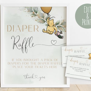 Cartel clásico de rifa de pañales de Winnie The Pooh, boletos de rifa de pañales para baby shower de Winnie The Pooh, tarjeta y cartel de rifa de pañales Greenery imprimibles