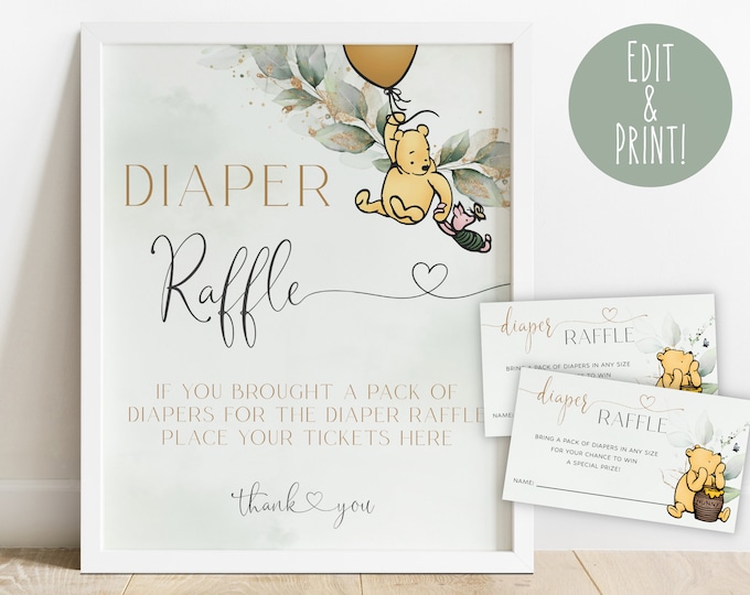 Classic Winnie the Pooh Diaper Raffle Sign, Winnie the Pooh Baby Shower ...