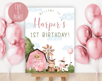 May include: A pink and white printable sign with the text "Welcome to Harper's 1st Birthday!"  The sign features a watercolor illustration of a red barn, a windmill, a pig, a cow, and a horse.