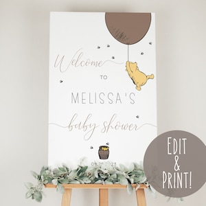 Classic Winnie The Pooh Baby Shower Welcome Signs Template, Printable Winnie The Pooh Baby Shower Signage, Editable Pooh Bear Welcome Board