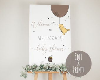Plantilla clásica de letreros de bienvenida para baby shower de Winnie The Pooh, letreros imprimibles para baby shower de Winnie The Pooh, tablero de bienvenida editable del oso Pooh