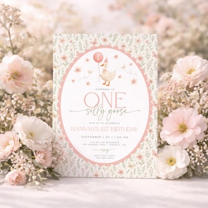 One Silly Goose Birthday Invitation, Girl 1st Birthday Invitation Printable, Goose 1st Birthday, Pink Vintage Goose Invite, Canva Template