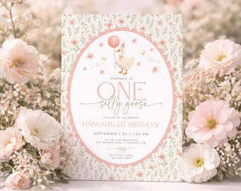 One Silly Goose Birthday Invitation, Girl 1st Birthday Invitation Printable, Goose 1st Birthday, Pink Vintage Goose Invite, Canva Template