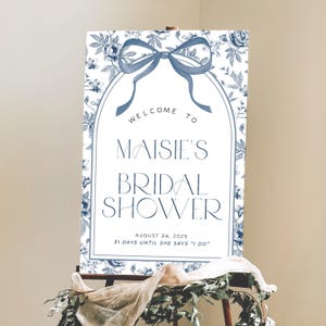 Chinoiserie Bridal Shower Welcome Sign, Something Blue Bridal Shower Decor, Vintage Wedding Shower Poster, Dusty Blue Toile Welcome Signage