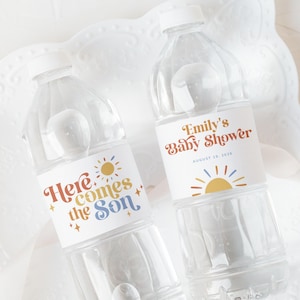 Here Comes the Son Baby Shower Water Bottle Labels, Sun Baby Shower Water Bottle Label Template, Boy Baby Shower Favors, Boho Sunshine Wrap