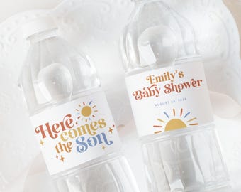 Here Comes the Son Baby Shower Water Bottle Labels, Sun Baby Shower Water Bottle Label Template, Boy Baby Shower Favors, Boho Sunshine Wrap