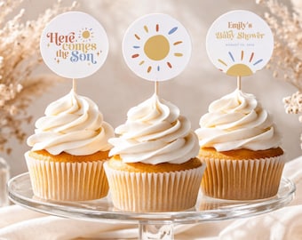 Here Comes the Son Baby Shower Cupcake Toppers, Sun Baby Shower Cupcake Topper, Boho Baby Shower Dessert Toppers, Baby Shower Decor, Canva