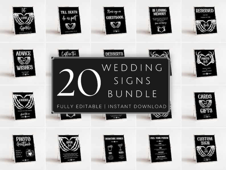 May include: A set of 20 printable wedding signs featuring a skeleton hand design. The signs are fully editable and include a variety of wedding-related text, such as "Love Sparkle", "Till Death Do Us Part", "Advice Wishes", "Photo Guestbook", "Cards Gifts", and more.