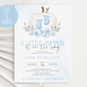 A Little Pumpkin Is On The Way Baby Shower Invitation Template, Printable Fall Baby Shower Invite, Boy Little Pumpkin Evite Digital Download