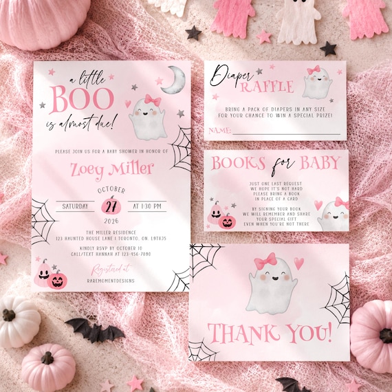 A Little Boo Is Almost Due Baby Shower Invitation, Pink Halloween Baby Shower Digital Evite, Printable Ghost Girl Baby Shower Invite Bundle