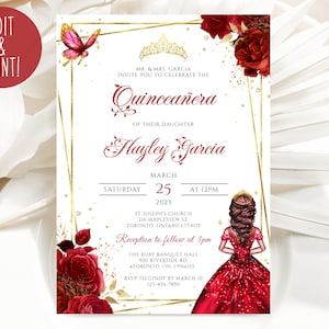 Quinceanera Invitation Template, Editable Red Quinceanera Invite, Gold & Red Quince Invitations, Digital Evite, Printable Mis Quince Anos 15