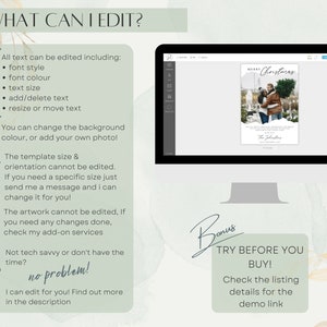 May include: A digital mockup of a Christmas card template with a couple holding a Christmas tree. The text on the card reads "Merry Christmas". The text "Try Before You Buy!" is displayed on a green button. The text "Check the listing details for the demo link" is displayed below the button.