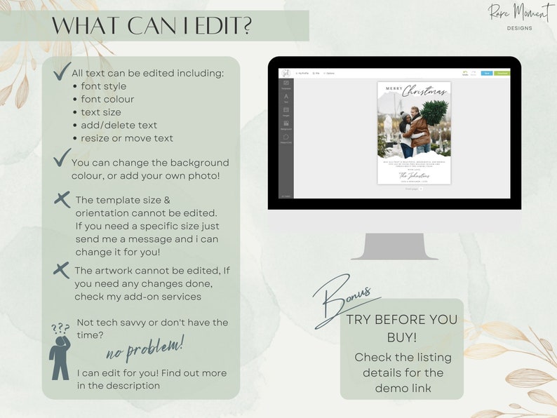 May include: A digital mockup of a Christmas card template with a couple holding a Christmas tree. The text on the card reads "Merry Christmas". The text "Try Before You Buy!" is displayed on a green button. The text "Check the listing details for the demo link" is displayed below the button.