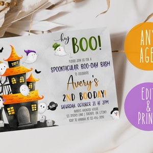 Plantilla de invitación de cumpleaños de Halloween, invitación de Halloween para niños imprimibles, invitación de segundo cumpleaños de Hey Boo, cumpleaños fantasma, descarga de Boo-Day Evite