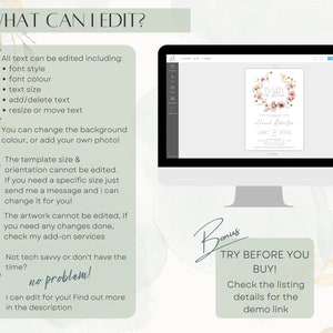 Peut inclure: Un &eacute;cran d'ordinateur affichant un mod&egrave;le d'invitation de f&ecirc;te pr&eacute;natale avec une couronne florale et le texte "Baby Shower". Le texte "Try Before You Buy!" est sur un fond vert avec une bordure blanche. Le texte "Check the listing details for the demo link" est en dessous.