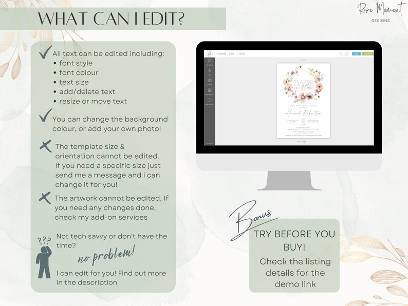 Peut inclure: Un &eacute;cran d'ordinateur affichant un mod&egrave;le d'invitation de f&ecirc;te pr&eacute;natale avec une couronne florale et le texte "Baby Shower". Le texte "Try Before You Buy!" est sur un fond vert avec une bordure blanche. Le texte "Check the listing details for the demo link" est en dessous.