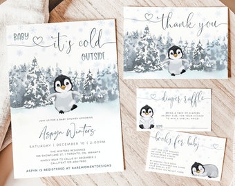 Winter Baby Shower Invitation Template, Arctic Penguin Baby Shower Invitation Bundle, Baby Its Cold Outside Winter Gender Neutral Invite Set