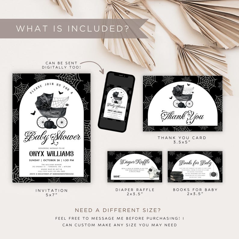 May include: A collection of Halloween-themed baby shower stationery. The invitation, thank you card, diaper raffle, and books for baby cards feature a black and white design with a stroller, spiderwebs, and pumpkins. The invitation is 5x7 inches.