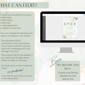 May include: A digital mockup of a baby shower invitation template with a green and gold color scheme. The text on the invitation reads "Oh Baby!" and "Jupes fins". The invitation is displayed on a computer screen. The text "TRY BEFORE YOU BUY!" is displayed in a green box. The text "Check the listing details for the demo link" is displayed below the green box.