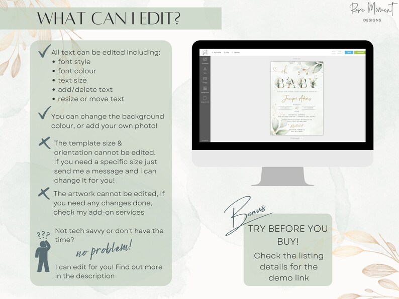 May include: A digital mockup of a baby shower invitation template with a green and gold color scheme. The text on the invitation reads "Oh Baby!" and "Jupes fins". The invitation is displayed on a computer screen. The text "TRY BEFORE YOU BUY!" is displayed in a green box. The text "Check the listing details for the demo link" is displayed below the green box.