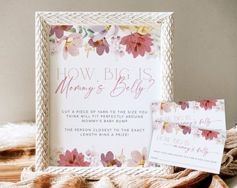 Bebé en Flor: ¿Cuánto mide la pancita de mamá?, Letrero para baby shower de primavera, Letrero imprimible para medir la pancita, Letrero floral para adivinar la pancita de mamá