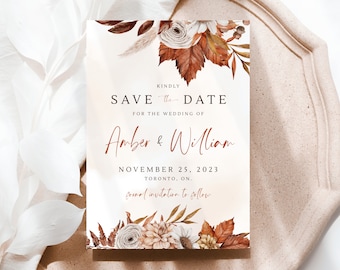 Terracotta Wedding Save The Date Template, Rustic Fall Save Our Date Wedding Announcement, Editable Autumn Watercolor Save The Dates Card