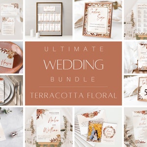 Terracotta Wedding Bundle Template, Fall Wedding Invitation Bundle, Autumn Wedding Invite Set, Printable Wedding Signage, Editable Download