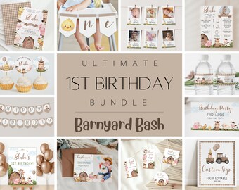 Farm 1st Birthday Bundle Template, Farm Animals First Birthday Party, Neutral Brown Baby's 1st Birthday, Printable 1st Birthday Invitation