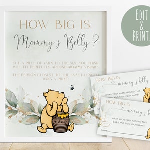 Winnie l'ourson classique, quelle est la grosseur du ventre de maman, signe de jeu de baby shower Winnie l'ourson, jeu de mesure du ventre ourson, devinez le ventre de maman