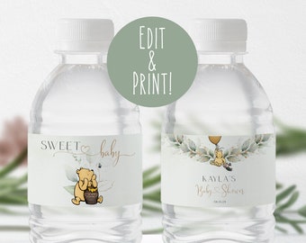 Classic Winnie The Pooh Baby Shower Water Bottle Labels, Baby Shower Editable Labels, Winnie-The-Pooh Water Bottle Label Template, Download