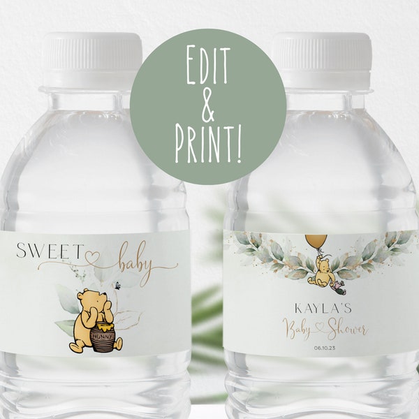 Classic Winnie The Pooh Baby Shower Water Bottle Labels, Baby Shower Editable Labels, Winnie-The-Pooh Water Bottle Label Template, Download