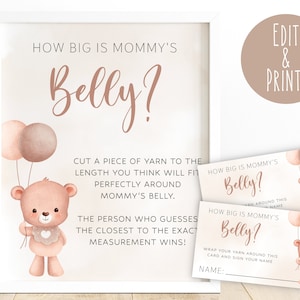 Chá de bebê de ursinho de pelúcia, quão grande é a barriga da mamãe, chá de bebê de urso mede a colisão, sinal de jogo de chá de ursinho de pelúcia, mede sinalização de barriga da mãe