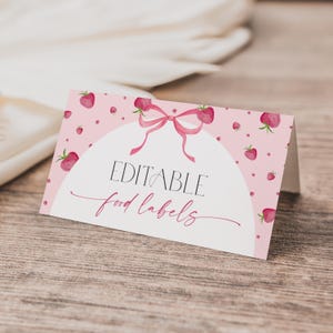 Etiquettes alimentaires imprimables premier anniversaire baies, marque-places d'anniversaire aux fraises, décoration 1er anniversaire fille, carte nourriture tente, étiquettes à dessert personnalisées