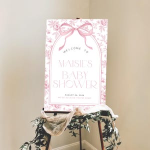 Letrero de bienvenida para baby shower chinoiserie, plantilla de letrero de bienvenida para baby shower de niña, póster de bienvenida para baby shower de Toile de Jouy rosa, estilo francés vintage.